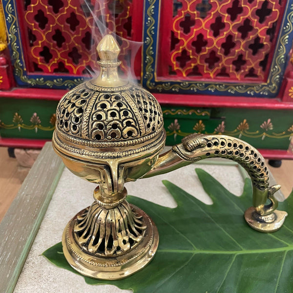 8” Brass Dhoop Dani With Handle, Incense Holder - Crafts N Chisel - Indian Home Decor USA