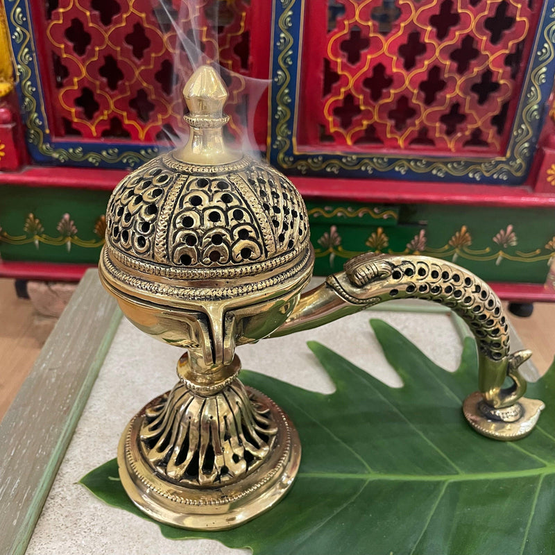 8” Brass Dhoop Dani With Handle, Incense Holder - Crafts N Chisel - Indian Home Decor USA