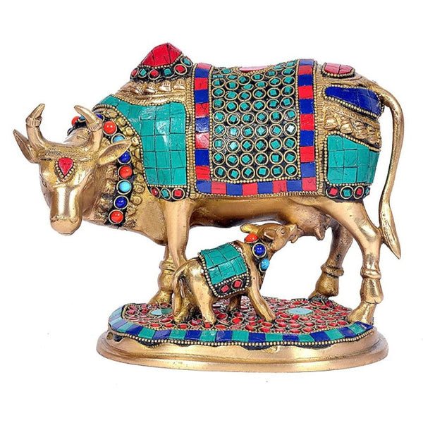 8” Cow and Calf Handmade Brass Statue With Stonework - Decorative Figurine - Crafts N Chisel - Indian Home Decor USA