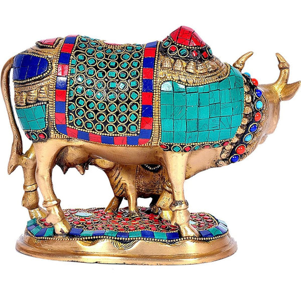 8” Cow and Calf Handmade Brass Statue With Stonework - Decorative Figurine - Crafts N Chisel - Indian Home Decor USA