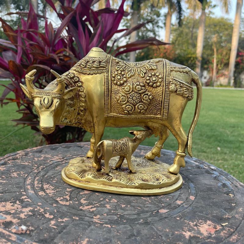 Kamadhenu Cow and Calf Set Brass Idol, Home Decor