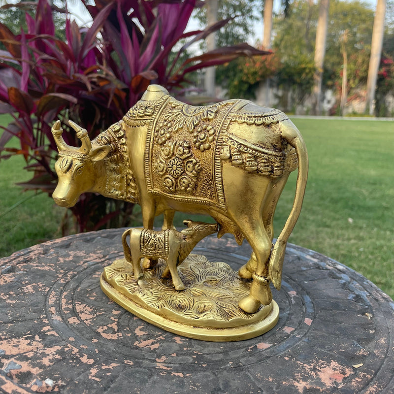 8 Inches Cow and Calf Set - Handmade Brass Statue - Decorative Figurine
