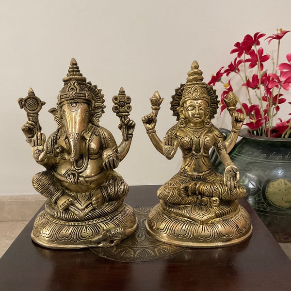 8” Lakshmi Ganesh Brass Idol - Decorative Home Decor - Crafts N Chisel - Indian Home Decor USA