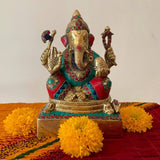 8" Lord Ganesh Brass Idol - handcrafted Stonework - Ganpati Decorative Statue for Home Decor - Housewarming Gift - Crafts N Chisel - Indian Home Decor USA