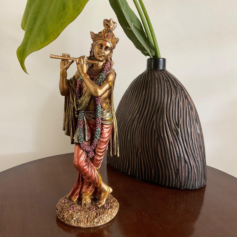 9.5” Krishna Copper Finish Marble Dust & Resin Idol - Decorative Figurine - Crafts N Chisel - Indian Home Decor USA