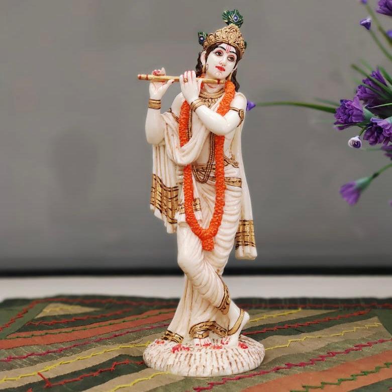 9.5” Krishna Marble Dust & Resin Idol - Decorative Figurine-Crafts N Chisel - Indian home decor online USA