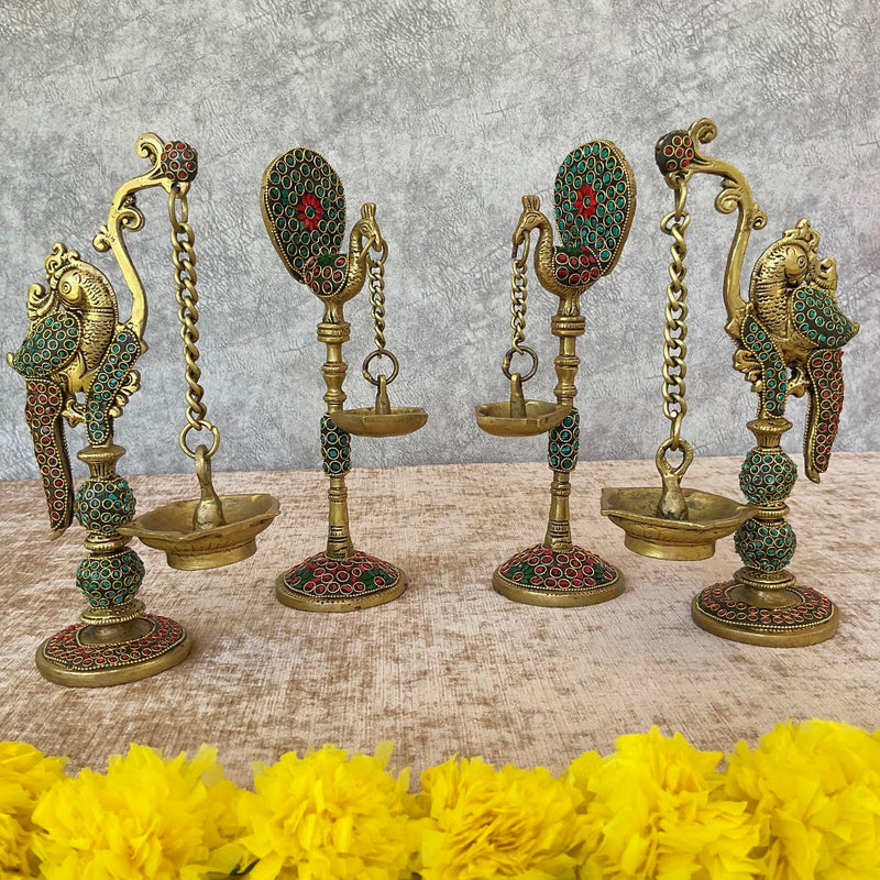 9” & 8.5” Peacock Hanging Diya (Set of 4) - Handmade Brass Stonework lamp - Decorative - Crafts N Chisel - Indian Home Decor USA