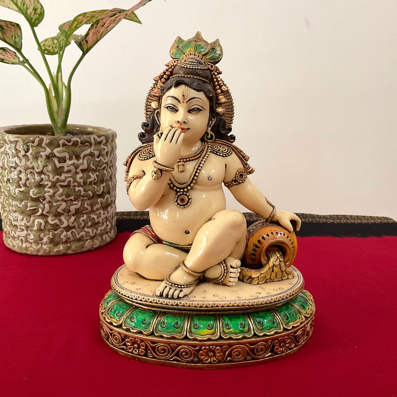 9 Inches Baby Krishna Marble dust & Resin Idol - Makhan Chor Vasudev Murti - Crafts N Chisel - Indian Home Decor USA