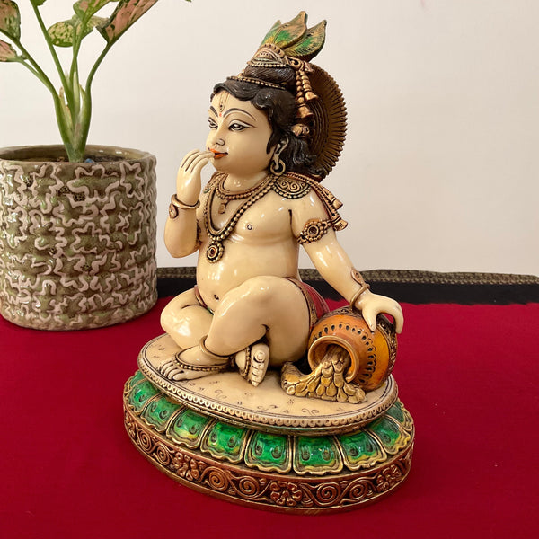 9 Inches Baby Krishna Marble dust & Resin Idol - Makhan Chor Vasudev Murti - Crafts N Chisel - Indian Home Decor USA