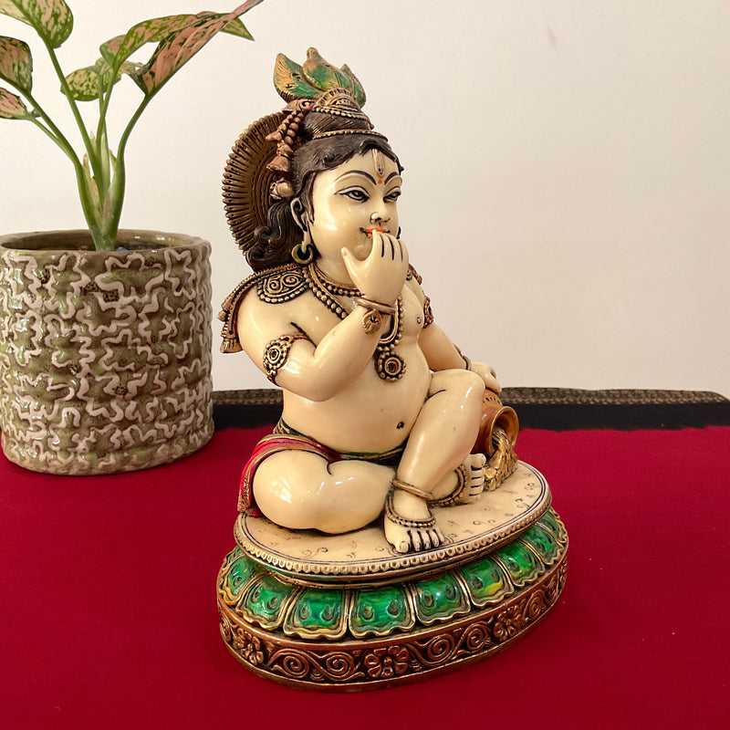 9 Inches Baby Krishna Marble dust & Resin Idol - Makhan Chor Vasudev Murti - Crafts N Chisel - Indian Home Decor USA