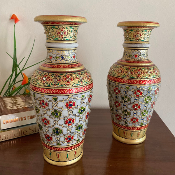 9” Decorative Flower Marble Pot (Set of 2) - Home Decor - Crafts N Chisel - Indian Home Decor USA
