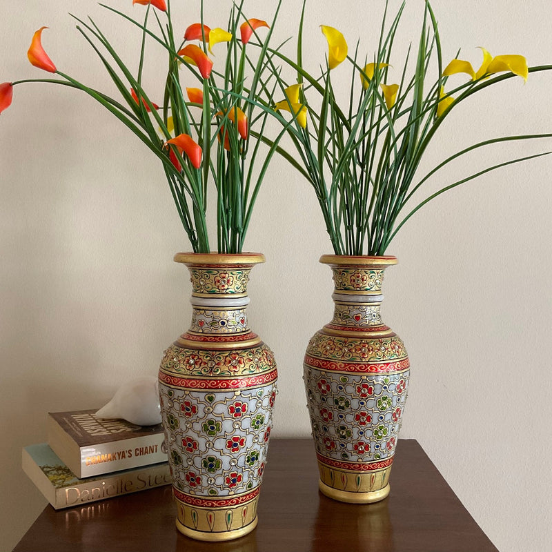9” Decorative Flower Marble Pot (Set of 2) - Home Decor - Crafts N Chisel - Indian Home Decor USA