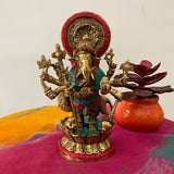 9” Drishti Ganesh Brass Idol - handcrafted Stonework - Ganpati Statue for Home Pooja - Housewarming Gift - Crafts N Chisel - Indian Home Decor USA