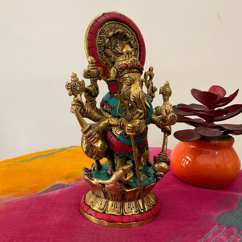 9” Drishti Ganesh Brass Idol - handcrafted Stonework - Ganpati Statue for Home Pooja - Housewarming Gift - Crafts N Chisel - Indian Home Decor USA