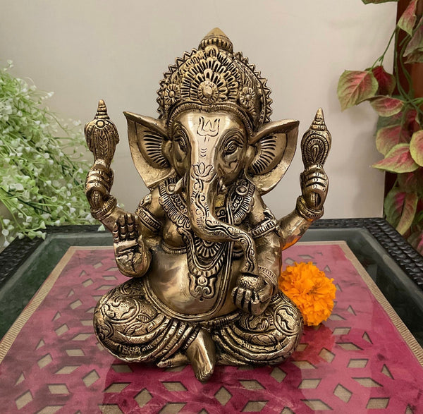 9” Lord Ganesh Brass Idol - Decorative Festive Statue-Crafts N Chisel USA - Indian Home Decor USA