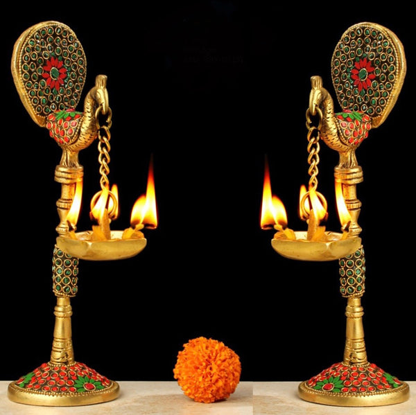 9” Peacock Hanging Diya (Set of 2) - Handmade Brass Stonework lamp - Decorative - Crafts N Chisel - Indian Home Decor USA