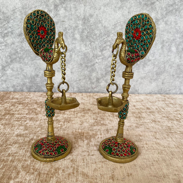 9” Peacock Hanging Diya (Set of 2) - Handmade Brass Stonework lamp - Decorative - Crafts N Chisel - Indian Home Decor USA
