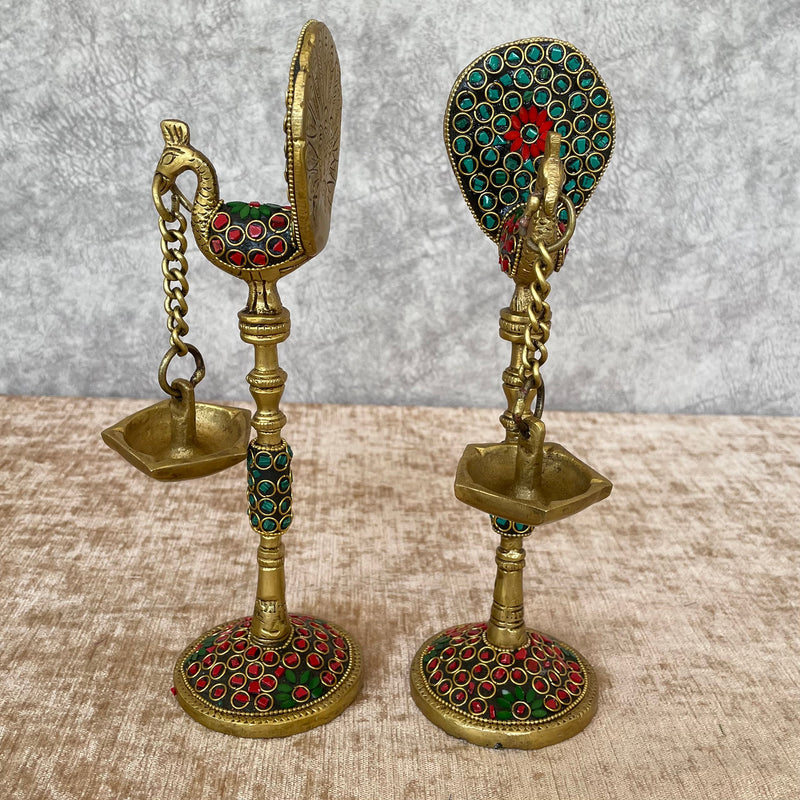 9 Inches Peacock Hanging Diya Set of 2 Handmade Brass Stonework Oil lamp