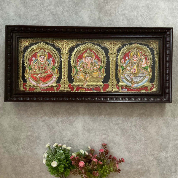 Laxmi Ganesha Saraswati Tanjore Painting - Traditional Wall Art - Crafts N Chisel - Indian Home Decor USA
