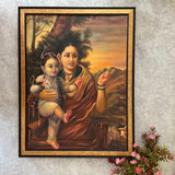 Yashoda Maiya With Balakrishna Handmade Oil Painting - Raja Ravi Varma Recreation - Wall Decor - Crafts N Chisel - Indian Home Decor USA
