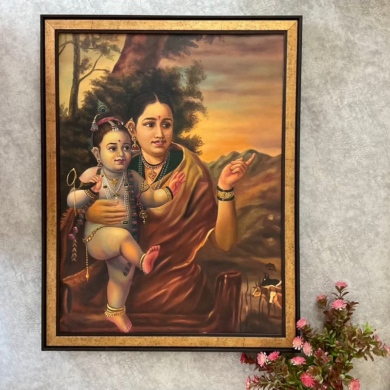 Yashoda Maiya With Balakrishna Handmade Oil Painting - Raja Ravi Varma Recreation - Wall Decor - Crafts N Chisel - Indian Home Decor USA