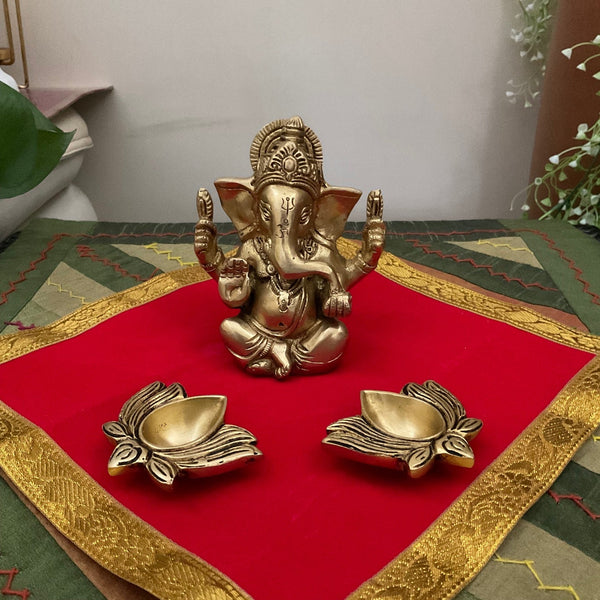 Appu Ganesha Brass Idol And Small Lotus Diya (Set of 3) - Crafts N Chisel - Indian Home Decor USA