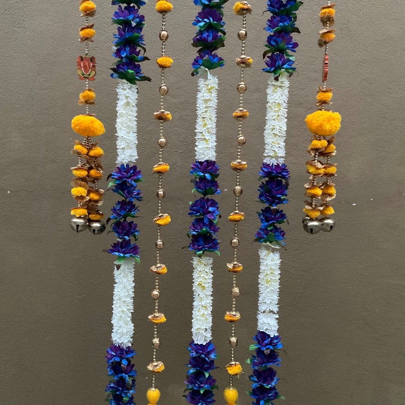 Artificial Purple Blue & Yellow Flower Hanging (Set of 7) - Festive Decoration Wall Hanging - Crafts N Chisel - Indian Home Decor USA