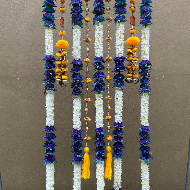 Artificial Purple Blue & Yellow Flower Hanging (Set of 7) - Festive Decoration Wall Hanging - Crafts N Chisel - Indian Home Decor USA