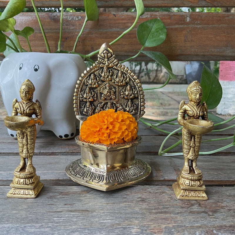 Ashtalakshmi & Deep Lakshmi Vilakku Diya (Set of 3) - Handmade Brass lamp - Decorative Festive Decor - Crafts N Chisel - Indian Home Decor USA