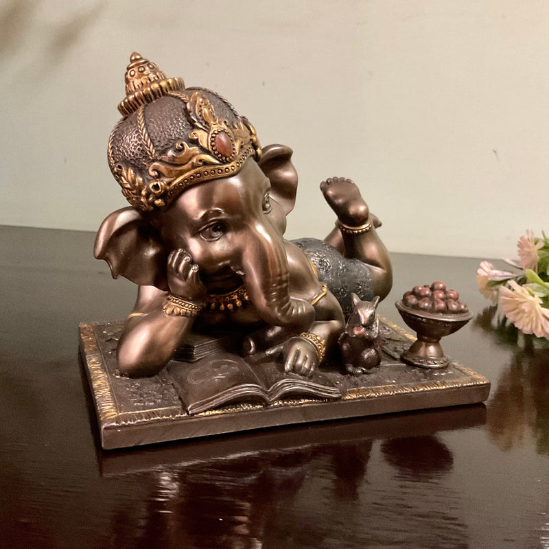 Baby Ganesha Marble Dust & Resin Idol - Bronze Finish - Hindu God Statue - Decorative Murti - Crafts N Chisel - Indian Home Decor USA