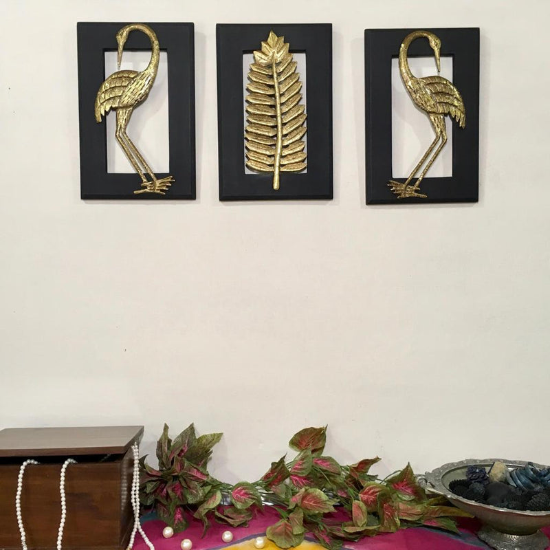 Brass Bird With Leaf Wall Hanging (Set of 3) - Crafts N Chisel - Indian home decor - Online USA
