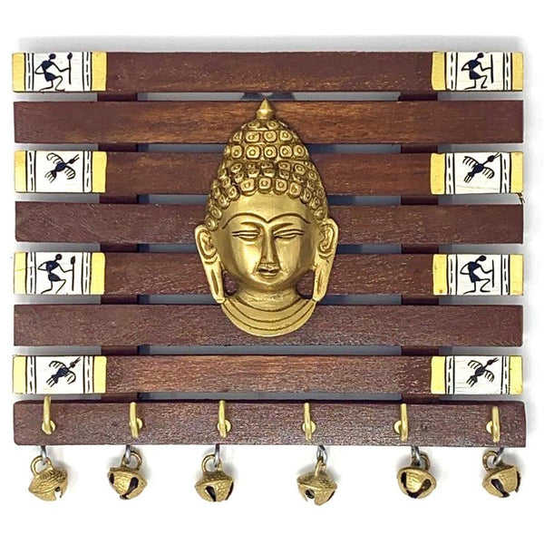 Brass Buddha & Warli Hand-Painted Key Holder On Wood (6 Hooks) - Wall Decor - Crafts N Chisel - Indian home decor - Online USA