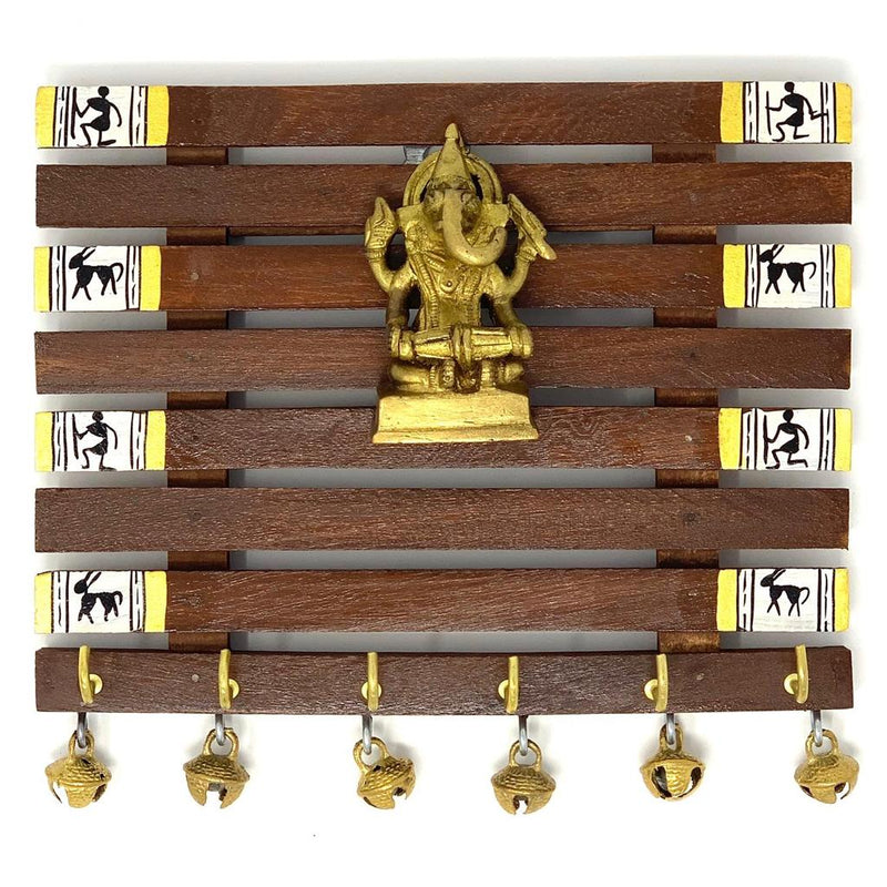 Brass Ganesha & Warli Hand-Painted Key Holder On Wood (6 Hooks) - Wall Decor - Crafts N Chisel - Indian home decor - Online USA