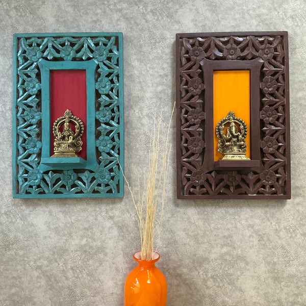 Brass Lakshmi Ganesha Idol With Distressed Wooded Frame Wall Hanging (Set of 4) - Decorative Wall Decor for Living Room - Crafts N Chisel - Indian Home Decor USA