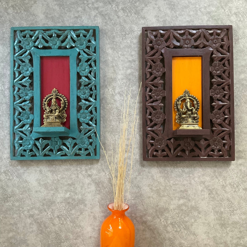 Brass Lakshmi Ganesha Idol With Distressed Wooded Frame Wall Hanging (Set of 4) - Decorative Wall Decor for Living Room - Crafts N Chisel - Indian Home Decor USA