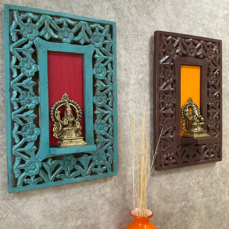 Brass Lakshmi Ganesha Idol With Distressed Wooded Frame Wall Hanging (Set of 4) - Decorative Wall Decor for Living Room - Crafts N Chisel - Indian Home Decor USA