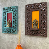 Brass Lakshmi Ganesha Idol With Distressed Wooded Frame Wall Hanging (Set of 4) - Decorative Wall Decor for Living Room - Crafts N Chisel - Indian Home Decor USA