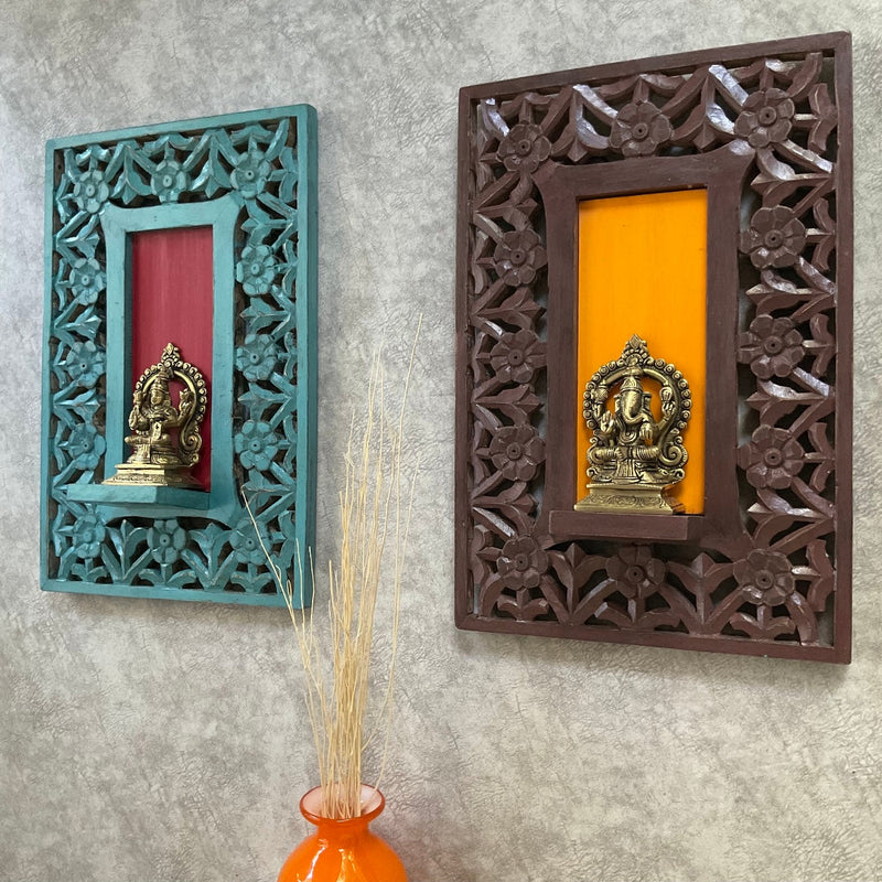 Brass Lakshmi Ganesha Idol With Distressed Wooded Frame Wall Hanging (Set of 4) - Decorative Wall Decor for Living Room - Crafts N Chisel - Indian Home Decor USA