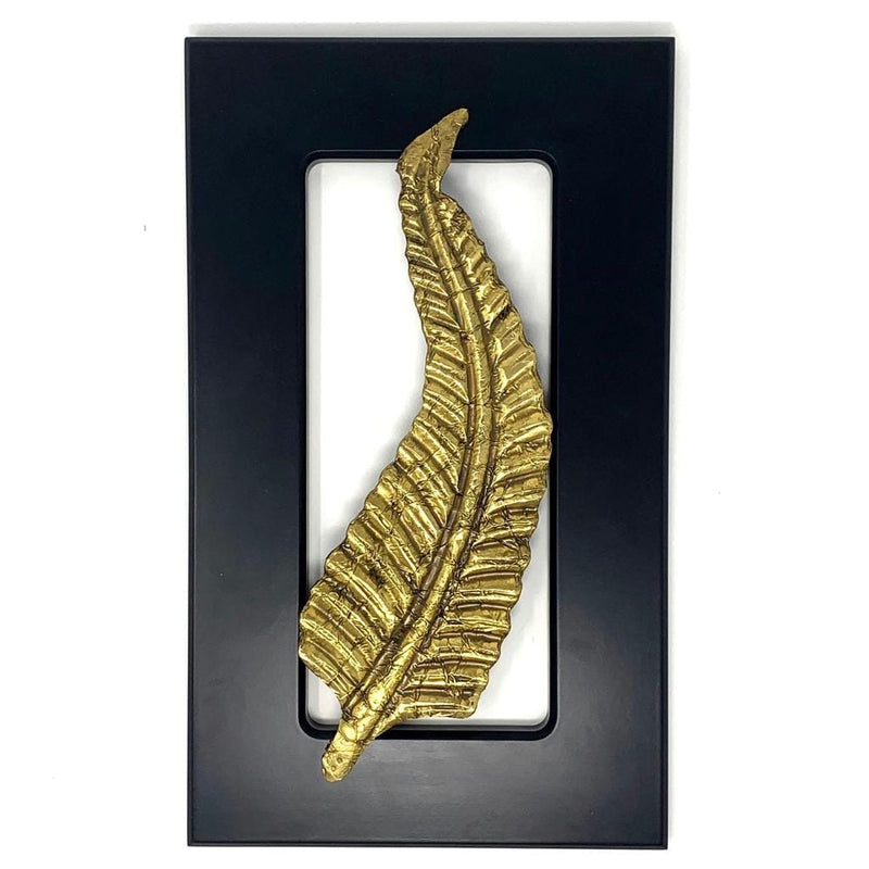 Brass Long Leaf Wall Decor - Black Wooden Frame - Wall hanging - Crafts N Chisel - Indian home decor - Online USA