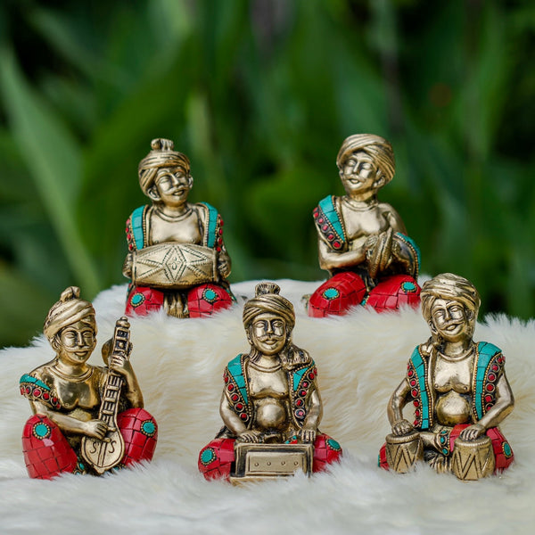 Brass Musician Decorative With Stonework(set of 5) - Table Decor - Crafts N Chisel - Indian Home Decor USA