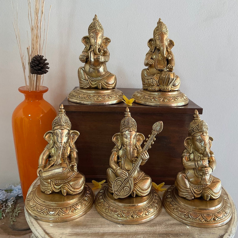 Brass Musician Ganesha Idol (set of 5) - Table Decor - Crafts N Chisel - Indian Home Decor USA