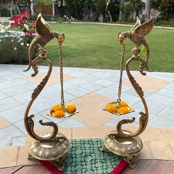 Brass Peacock Hanging Diya Lamp (Set of 2) - Crafts N Chisel - Indian Home Decor USA