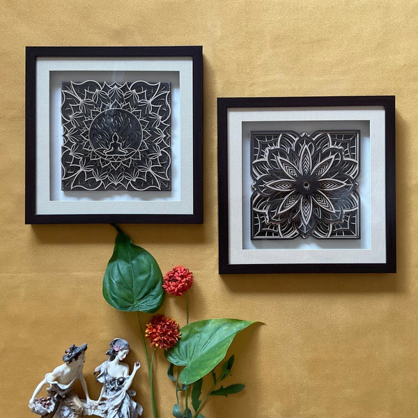 Buddha and Flower Wooden Mandala Wall Decor (Set of 2) - Wall hanging - Crafts N Chisel - Indian Home Decor USA
