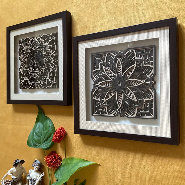 Buddha and Flower Wooden Mandala Wall Decor (Set of 2) - Wall hanging - Crafts N Chisel - Indian Home Decor USA