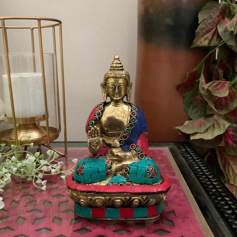 Buddha Statue 7inch - Brass Stonework Art - Religious - Decorative-Crafts N Chisel USA - Indian Home Decor USA