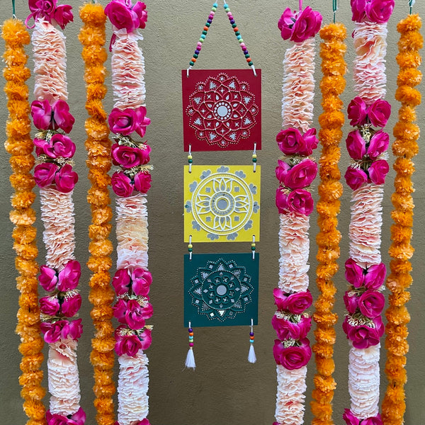 Colourful Lippan Wall Hanging With Rose Artificial Flower & Marigold Garlands (Set of 9) - Festive Decoration Wall Hanging - Crafts N Chisel - Indian Home Decor USA
