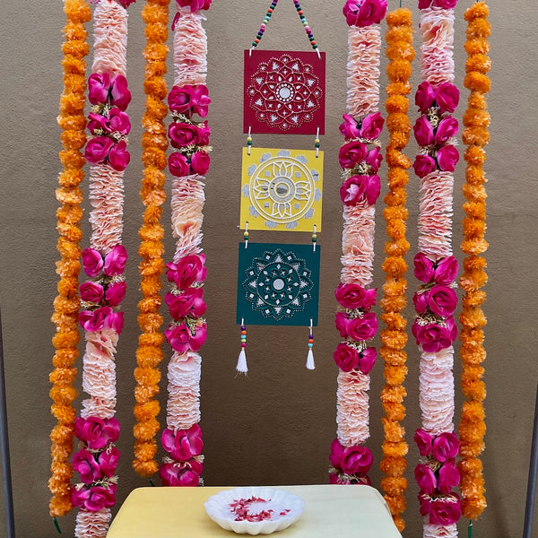 Colourful Lippan Wall Hanging With Rose Artificial Flower & Marigold Garlands (Set of 9) - Festive Decoration Wall Hanging - Crafts N Chisel - Indian Home Decor USA