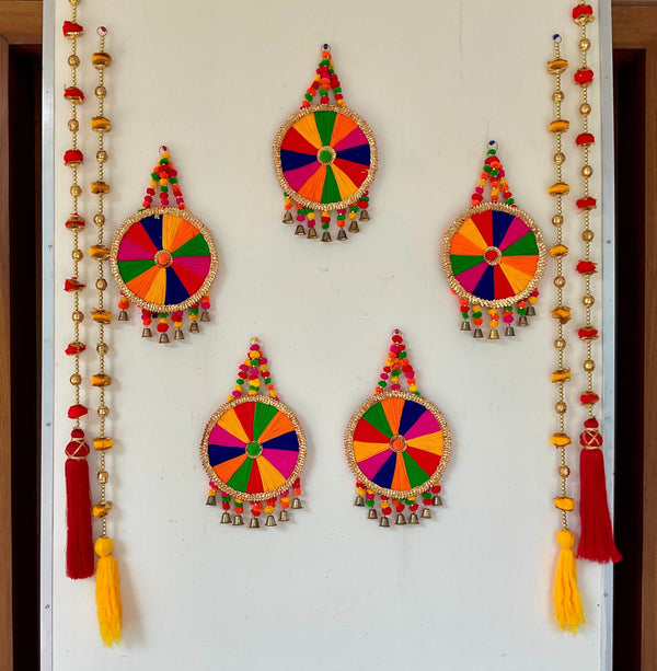 Colourful Round Hanging With Red & Yellow Tassels (Set of 9) - Festive Decoration Wall Hanging - Crafts N Chisel - Indian Home Decor USA