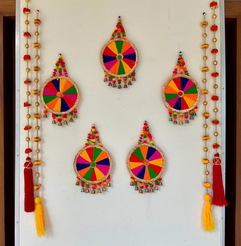 Colourful Round Hanging With Red & Yellow Tassels (Set of 9) - Festive Decoration Wall Hanging - Crafts N Chisel - Indian Home Decor USA