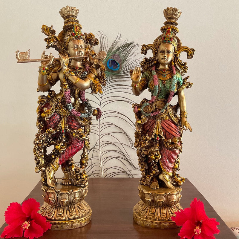 Copper Finish Radha Krishan Marble Dust & Resin Idol - Hindu God Statue - Decorative Murti - Crafts N Chisel - Indian Home Decor USA